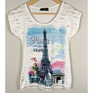 Y2K‎ Attitude Paris France Rhinestone Eiffel Tower White Short Sleeve Sz Small